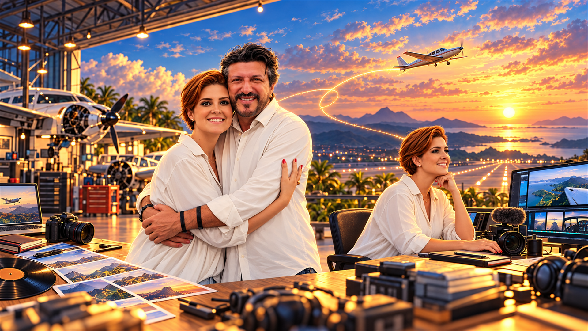 Ilustração de Lito e Mila em um hangar, com Mila seguindo o trabalho do canal diante de câmeras e telas